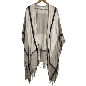Three Dots Cashmere Poncho Wrap Fringe Cream‎ Beige Black Plaid Blanket Cape